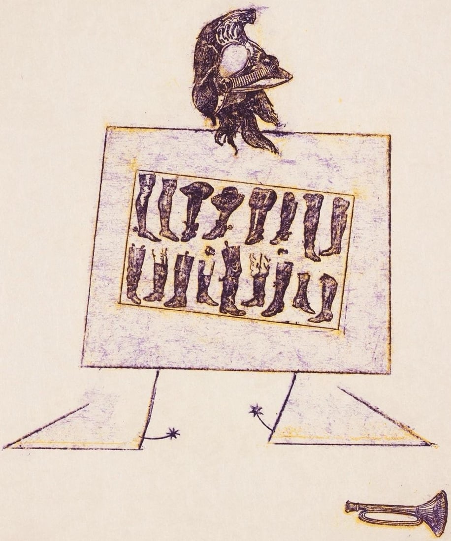 Max Ernst, Composition (Spies/Leppien 218), La Ballade Du Soldat, Lithograph: Lithograph on vlin d'Arches paper. Paper size: 21.875 x 15 inches. Excellent condition. Unsigned and unnumbered, as issued. Notes: From the folio, La Ballade du Soldat, 34 Lithographies Originales de