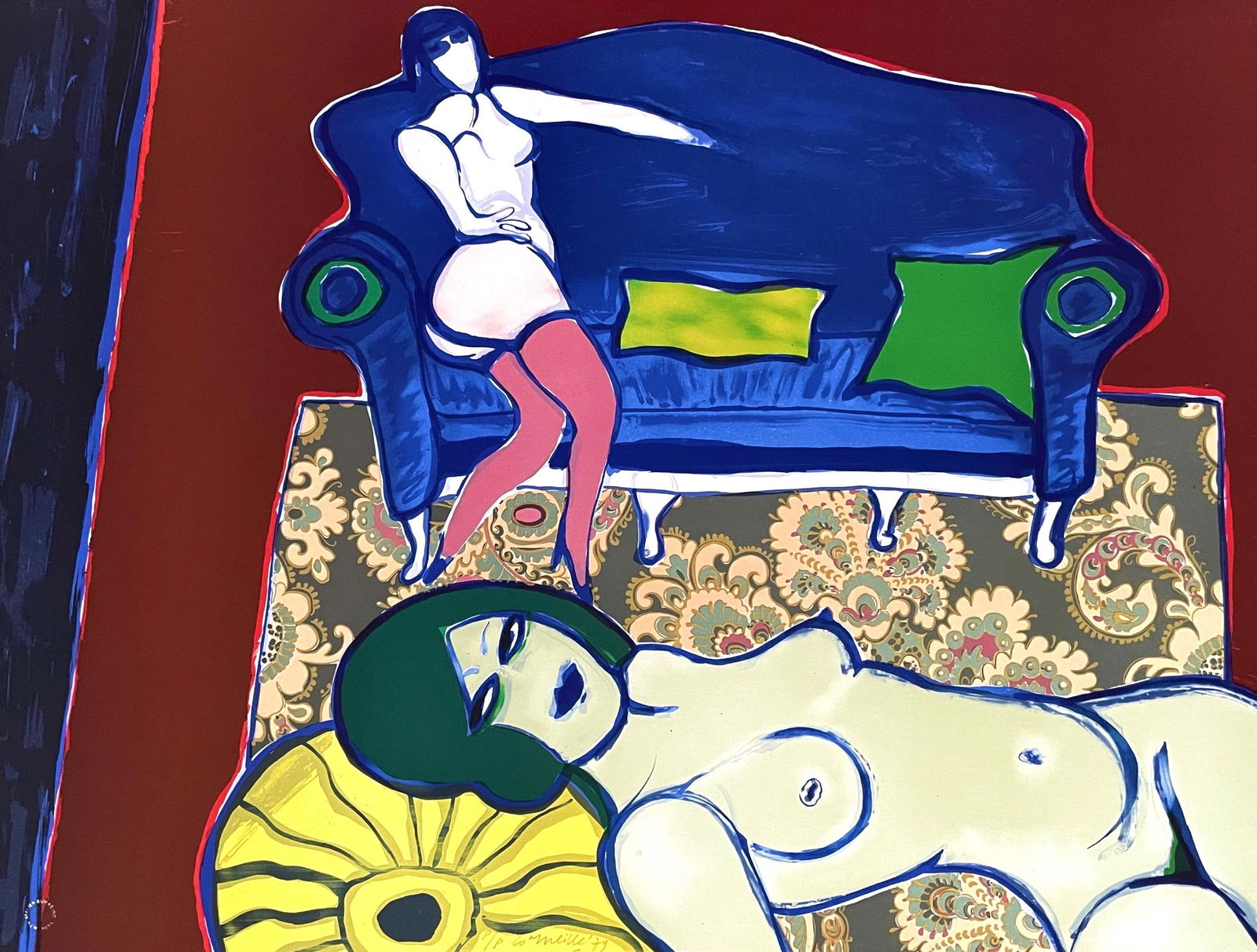 Guillaume Cornelis Van Beverloo, Corneille, Le Divan Bleu, Lithograph: Lithograph on vlin paper. Paper size: 19.5 x 22.5 inches. Excellent condition. Inscription: Hand signed and numbered, as issued. Notes: Published by London Arts Inc., Detroit; printed by Arts Litho, P