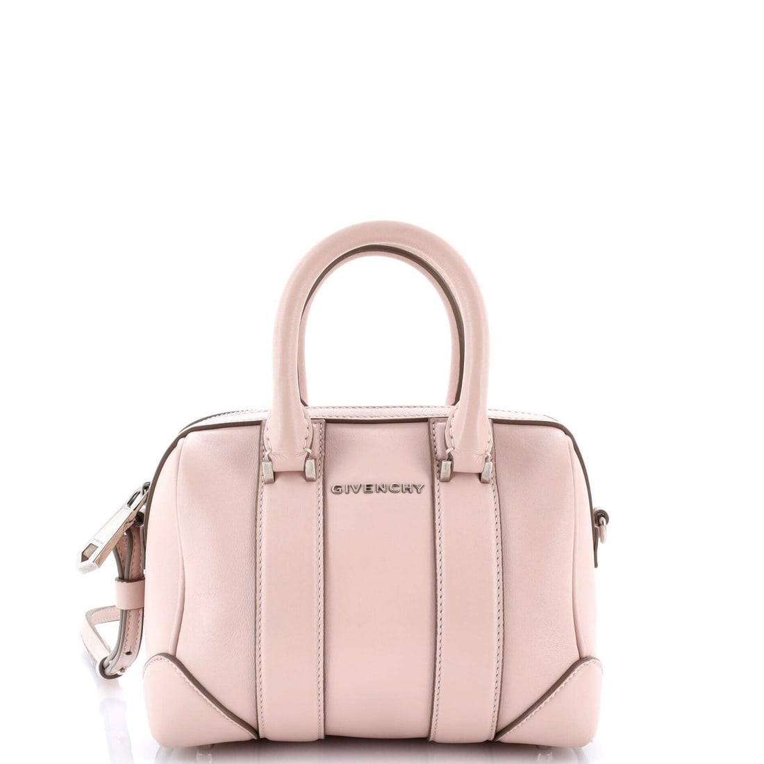 Givenchy Lucrezia Duffle Bag Leather Micro: Brand: Givenchy Exterior Material: Leather Style: Top Handle Exterior Color: Pink Size: Micro Accessories: With Strap Measurements: Handle Drop 3", Height 7", Width 8", Depth 4.5", Strap Drop 21.5-22.
