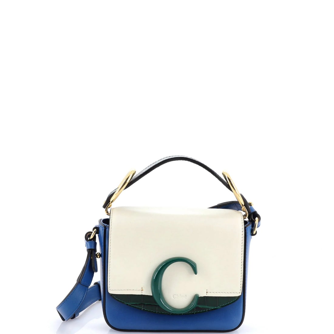Chloe C Flap Bag Leather Mini: Brand: Chloe Exterior Material: Leather Style: Cross Body Bags Exterior Color: Blue Size: Mini Accessories: With Strap Measurements: Handle Drop 2.5", Height 5.5", Width 6.5", Depth 2", Strap Drop 21-