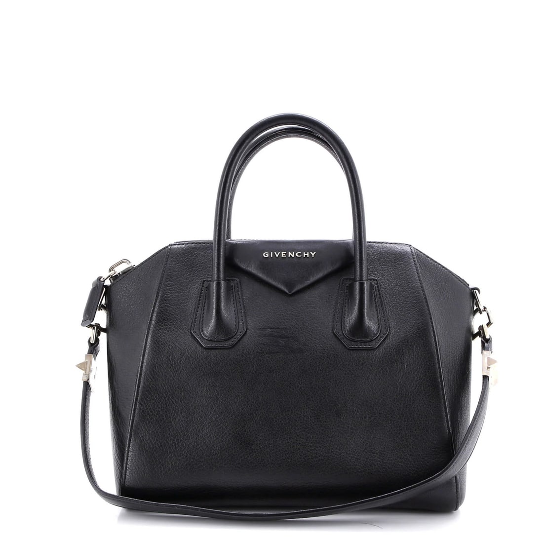 Givenchy Antigona Bag Leather Small: Brand: Givenchy Exterior Material: Leather Style: Satchels Exterior Color: Black Size: Small Measurements: Handle Drop 4", Height 9", Width 10.5", Depth 6.5", Strap Drop 9" Model: Antigona Bag Leather