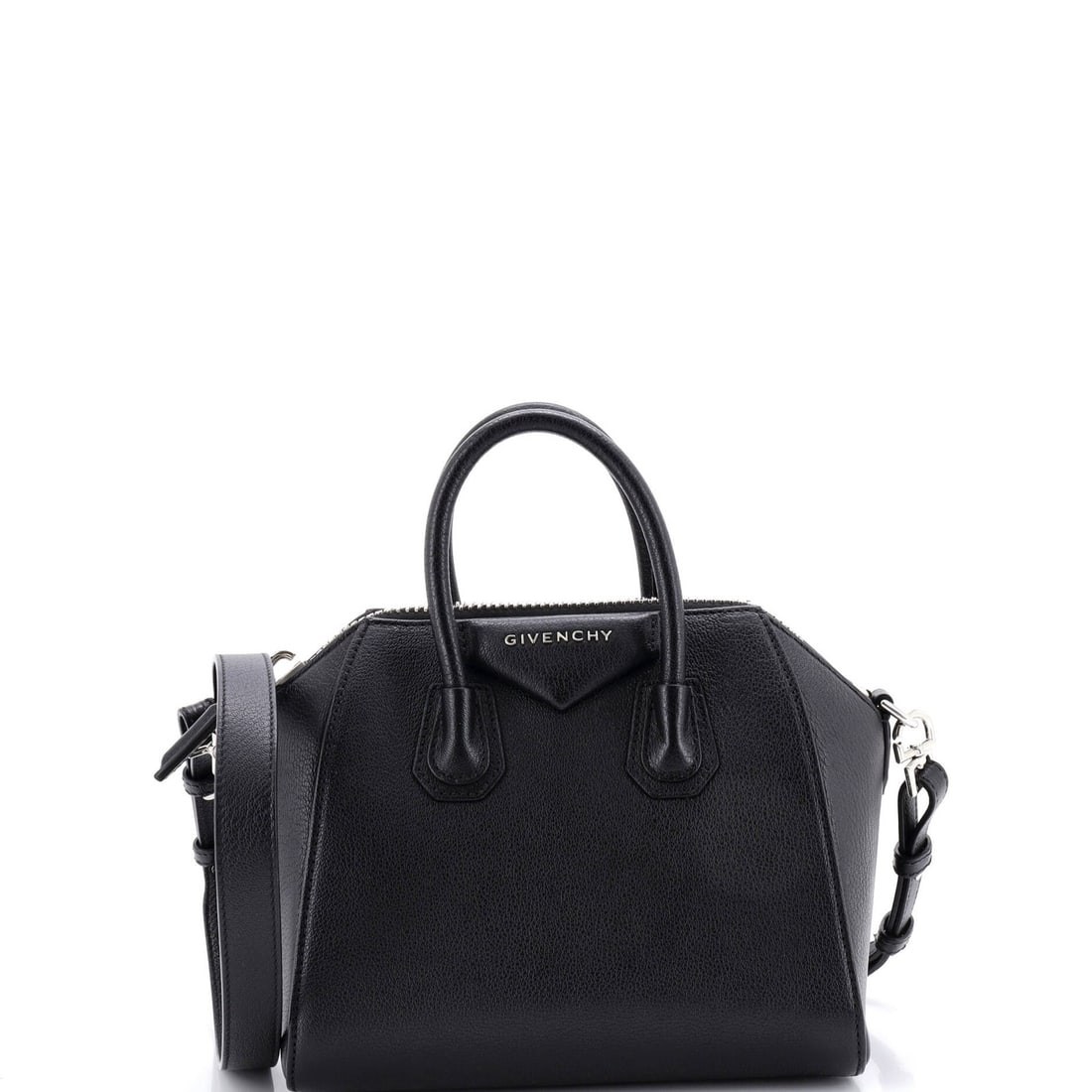 Givenchy Antigona Bag Leather Mini: Brand: Givenchy Exterior Material: Leather Style: Cross Body Bags Exterior Color: Black Size: Mini Measurements: Handle Drop 3", Height 7.5", Width 9", Depth 5", Strap Drop 19-23" Model: Antigona Bag