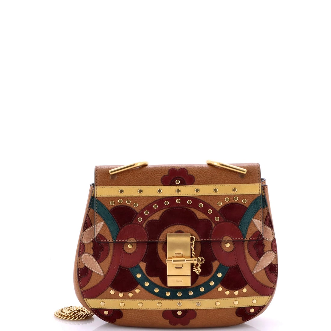 Chloe Drew Patchwork Crossbody Bag Studded Leather With Suede Small: Brand: Chloe Exterior Material: Leather Style: Cross Body Bags Exterior Color: Multicolor Size: Small Measurements: Height 8", Width 9", Depth 3" Model: Drew Patchwork Crossbody Bag Studded Leather wi