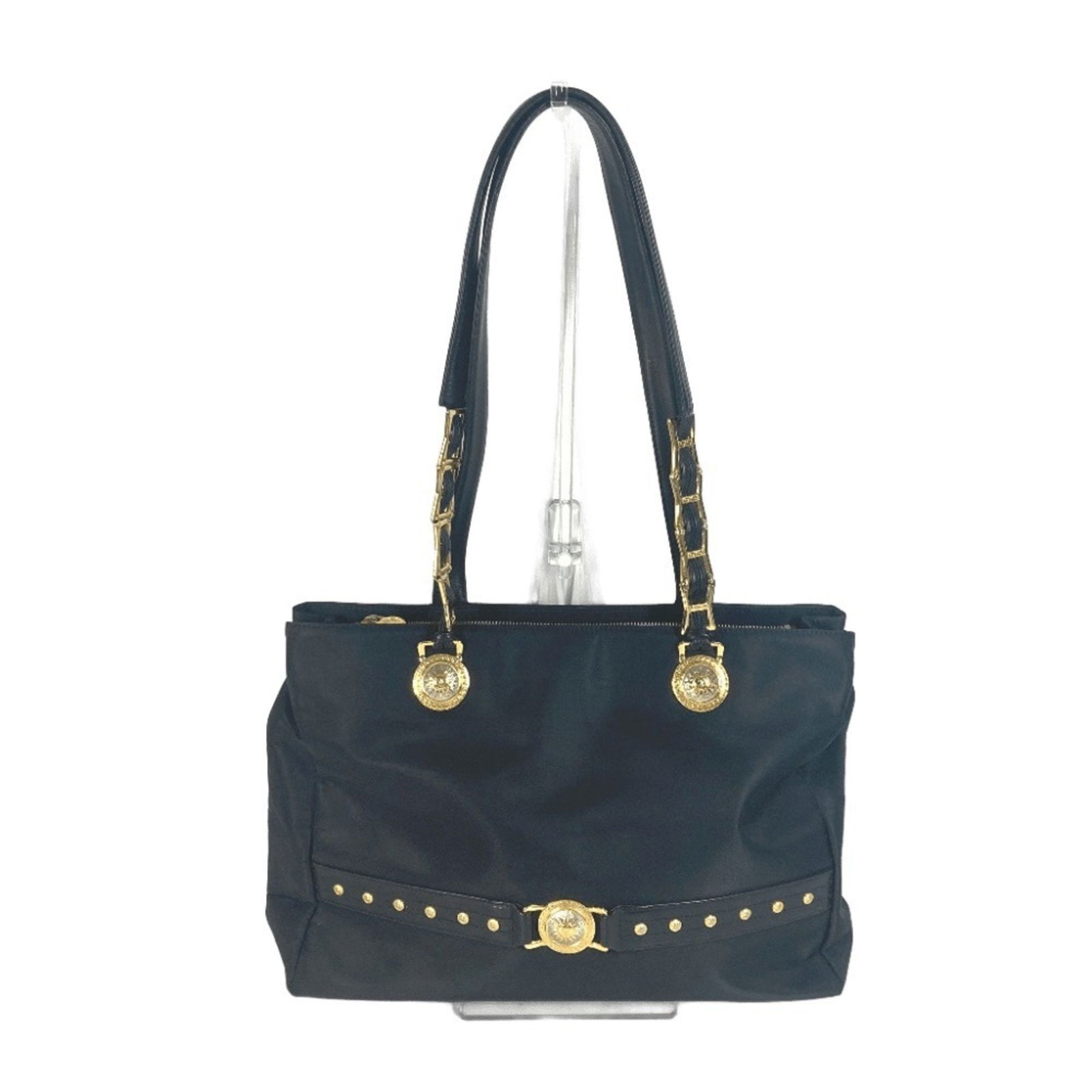 Versace Sunburst Sun God Tote Bag: Brand: Versace Type: Shoulder Bag, Tote Bag Material: Nylon Color: Black Gender: Women Size (Hxwxd): 28.5cm x 38.5cm x 9cm / 11.22'' x 15.15'' x 3.54'' Condition: Used (acceptable), Traces of usage, d