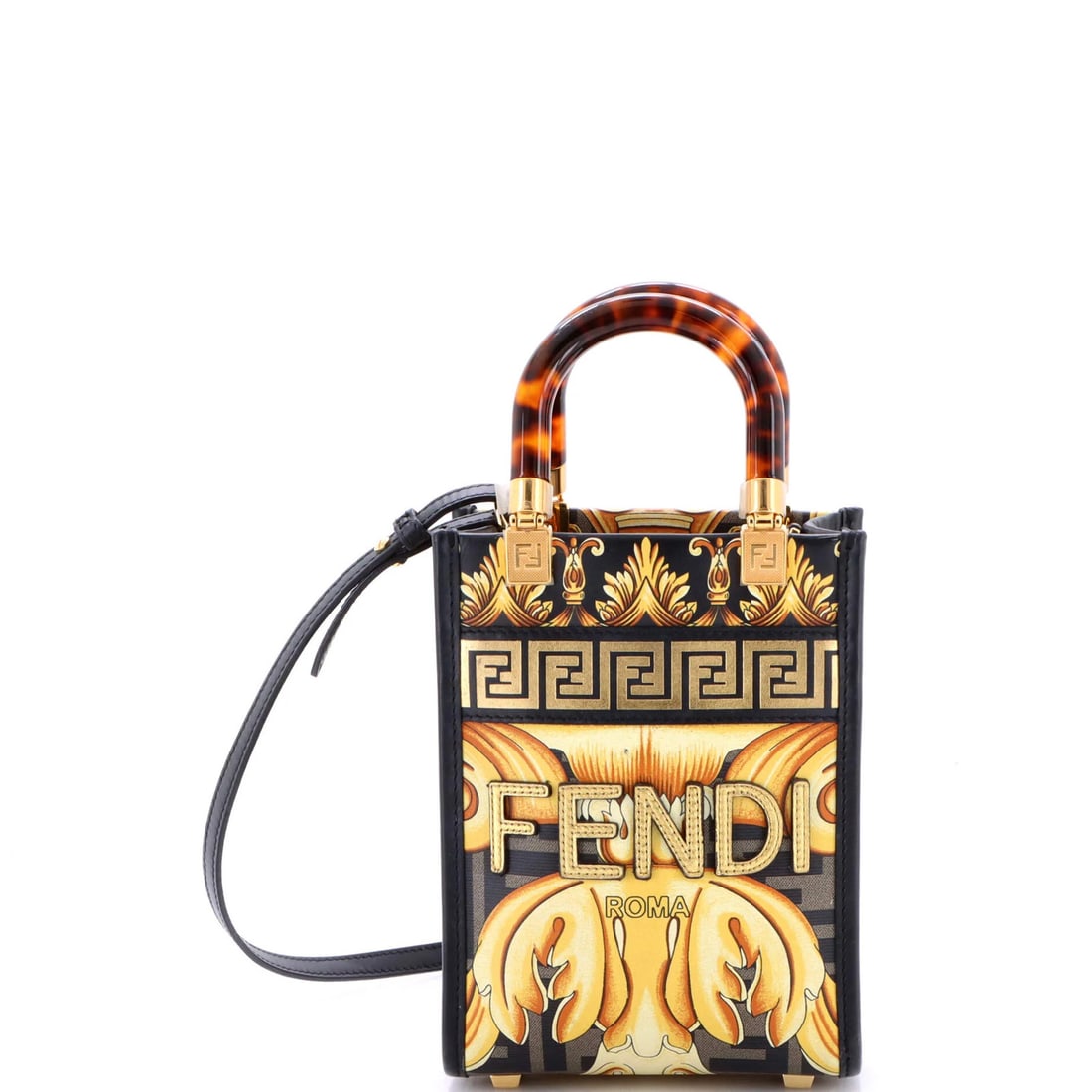 Fendi X Versace Fendace Convertible Sunshine Shopper Tote Printed Laminated: Brand: Fendi Exterior Material: Canvas Coated Style: Cross Body Bags Exterior Color: Black Size: Mini Measurements: Handle Drop 3", Height 7", Width 5", Depth 2.5", Strap Drop 25" Model: x Versace Fen