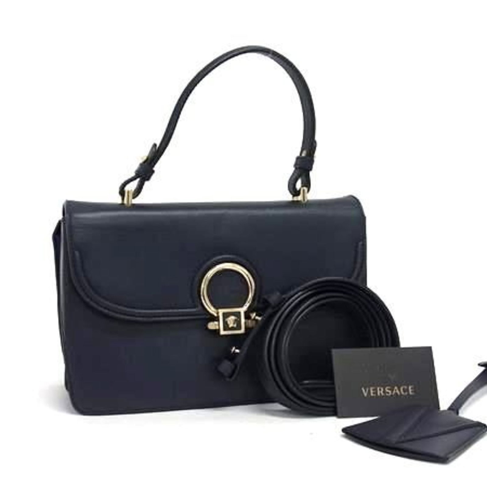 Versace Medusa Handbag - Navy Leather: Brand: Versace Type: Handbag, Shoulder Bag, Tote Bag Material: Leather Color: Navy Closure: Flap Inner Pocket: Open Pocket 2 Gender: Men,Women Size (Hxwxd): 17.5cm x 25.5cm x 5cm / 6.88'' x 10.03'' x