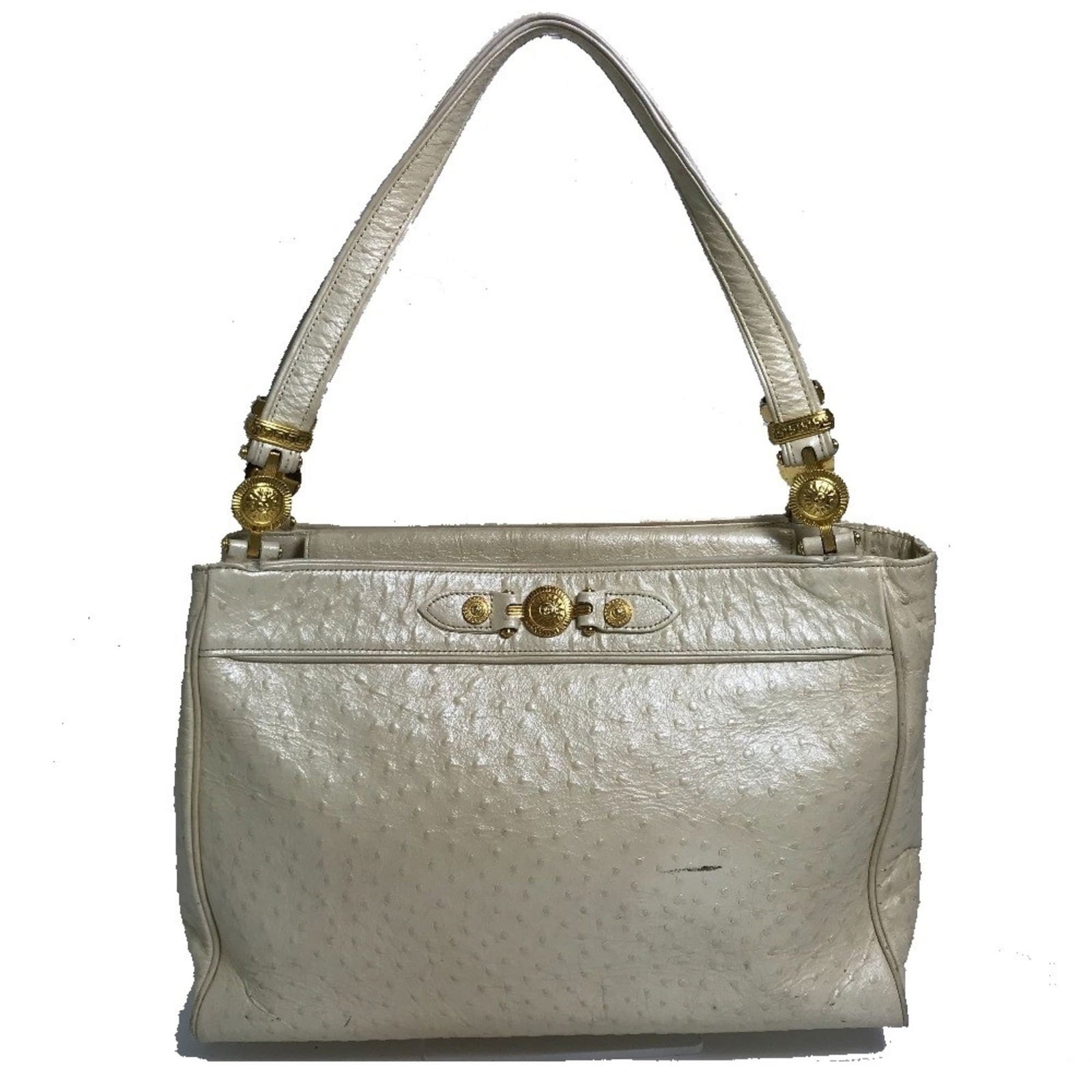 Versace Sunburst Embossed Leather Shoulder Bag: Brand: Versace Type: Shoulder Bag Material: Leather Color: Beige Closure: Magnet Inner Pocket: Zipper Pocket 1 Gender: Women Size (Hxwxd): 27.5cm x 36.5cm x 8.5cm / 10.82'' x 14.37'' x 3.34'' Conditio