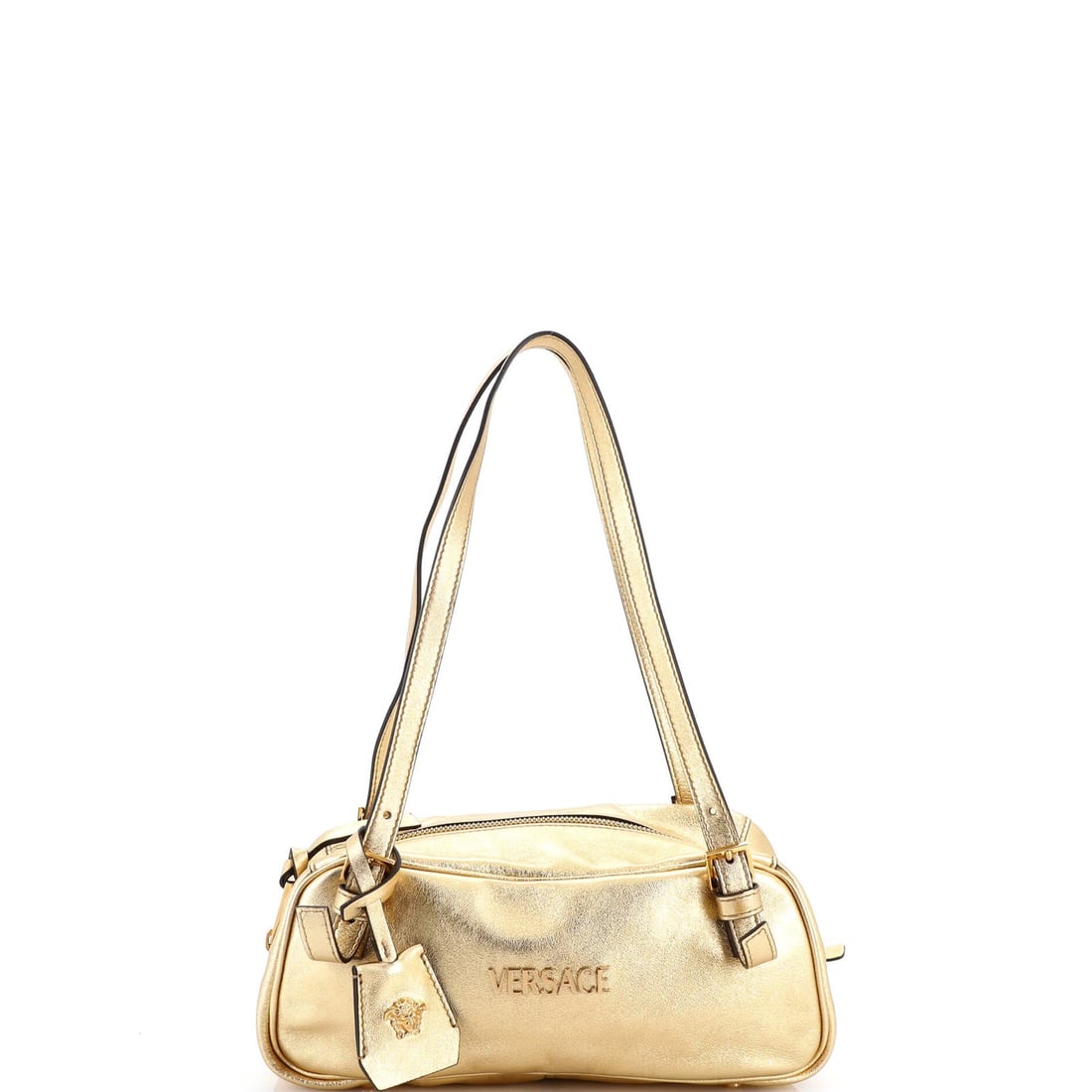 Versace Tag Bowling Bag Leather: Brand: Versace Exterior Material: Leather Style: Bowler Exterior Color: Metallic Size: Unknown Accessories: Clochette Measurements: Height 4", Width 10", Depth 4", Strap Drop 10" Model: Tag Bowling Ba