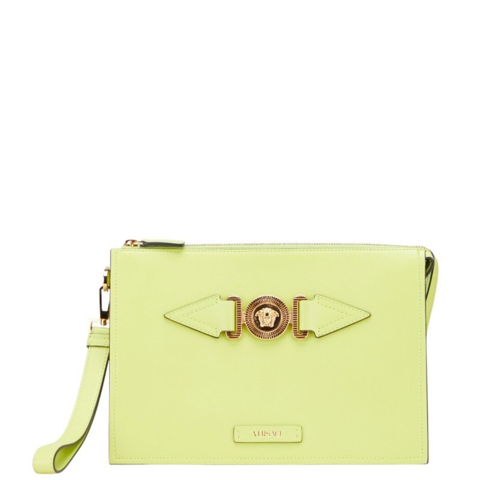 Versace Medusa Clutch Bag/Second Bag In Light Green Leather: Brand: Versace Type: Clutch Bag Material: Leather Color: Light Green Closure: Zipper Gender: Women Size (Hxwxd): 19.5cm x 28.5cm x 6cm / 7.67'' x 11.22'' x 2.36'' Handle Drop: 16.50cm / 6.50'' Conditi
