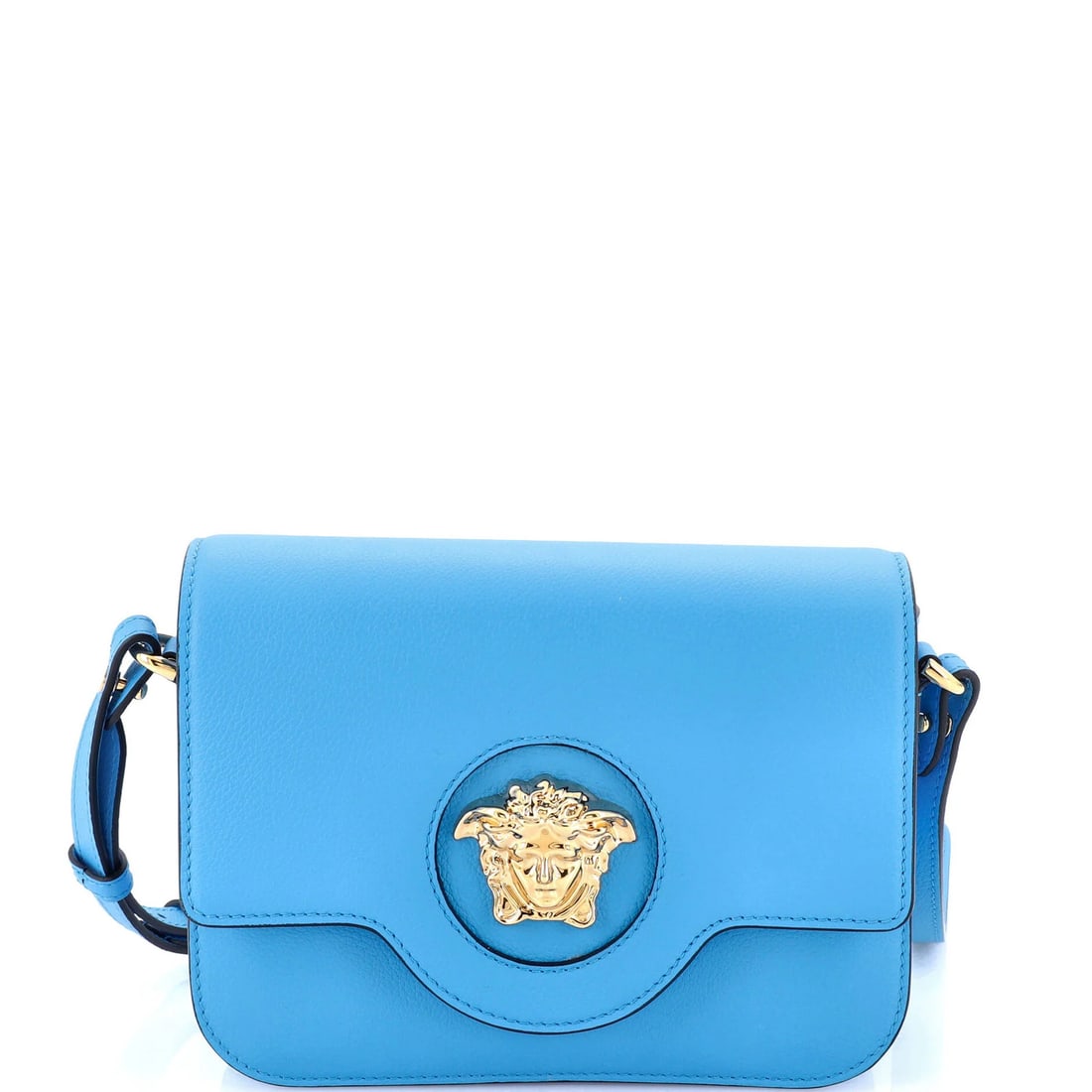 Versace La Medusa Flap Shoulder Bag Leather Small: Brand: Versace Exterior Material: Leather Style: Cross Body Bags Exterior Color: Blue Size: Small Accessories: With Strap Measurements: Height 6", Width 8", Depth 3" Model: La Medusa Flap Shoulder Bag