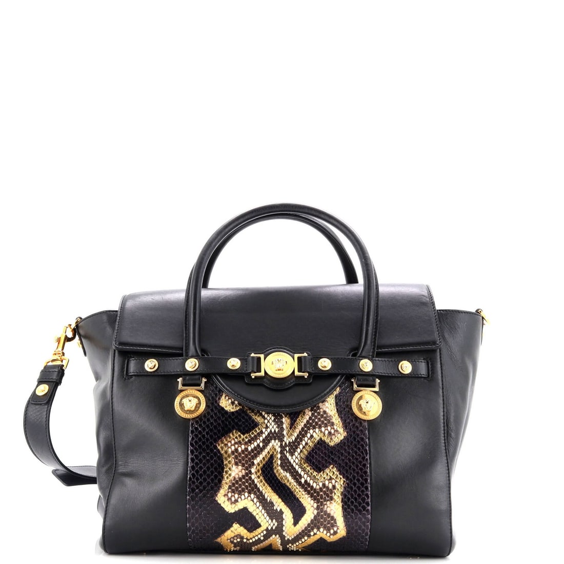 Versace Signature Bag Leather With Python Large: Brand: Versace Exterior Material: Leather Python Style: Top Handle Exterior Color: Black Size: Large Accessories: With Strap Measurements: Handle Drop 4", Height 9", Width 12", Depth 6", Strap Drop 21