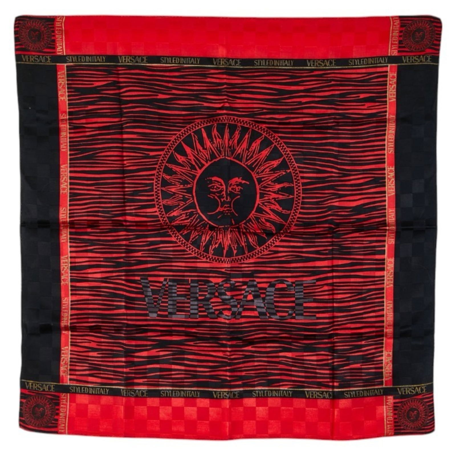 Versace Logo Sunburst Scarf/Muffler/Handkerchief In Red: Brand: Versace Type: Scarf Gender: Women Color: Black, Red Color Material: Cotton Size (Lxw): 52.5cm x 53cm / 20.66'' x 20.86'' Condition: Used (good), Traces of usage, scratches / dirt can be seen bu