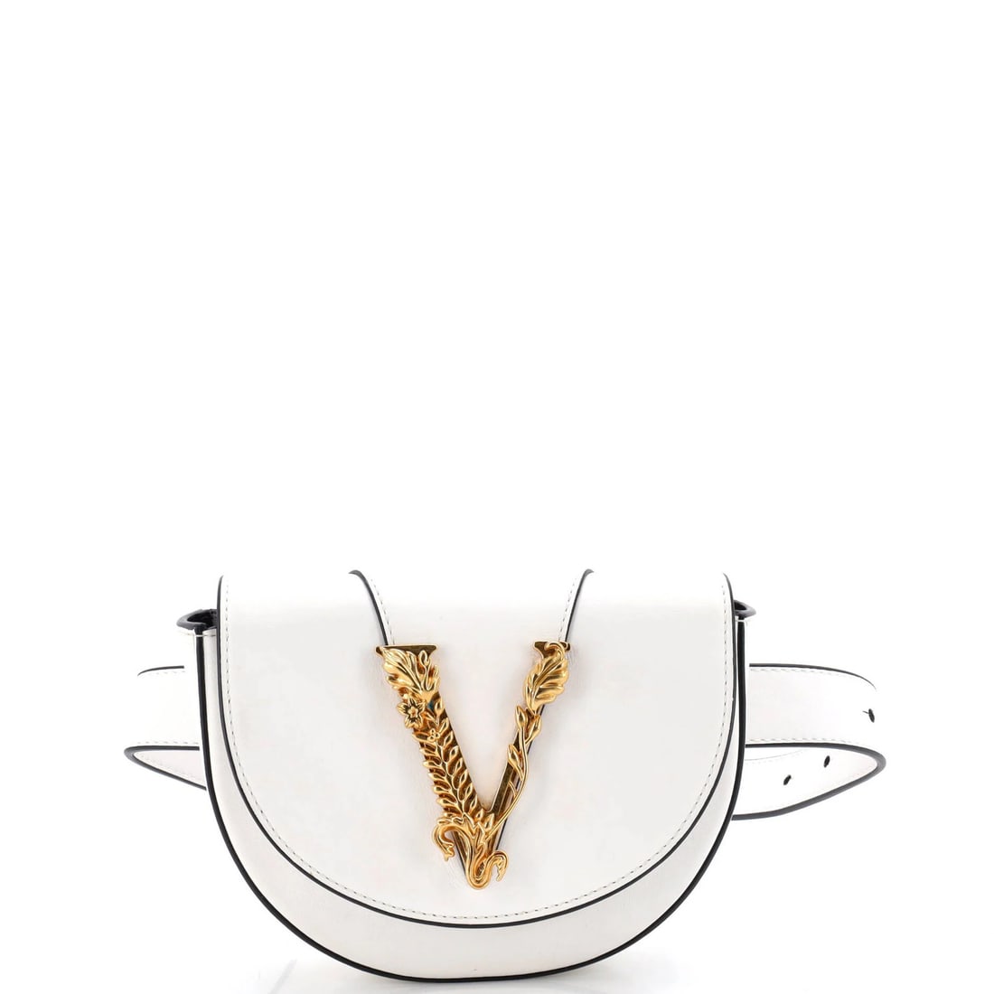 Versace Virtus Belt Bag Leather: Brand: Versace Exterior Material: Leather Style: Belt Bag Exterior Color: White Size: Unknown Accessories: With Strap Measurements: Handle Drop None", Height 5", Width 7", Depth 1.5", Strap Drop None"
