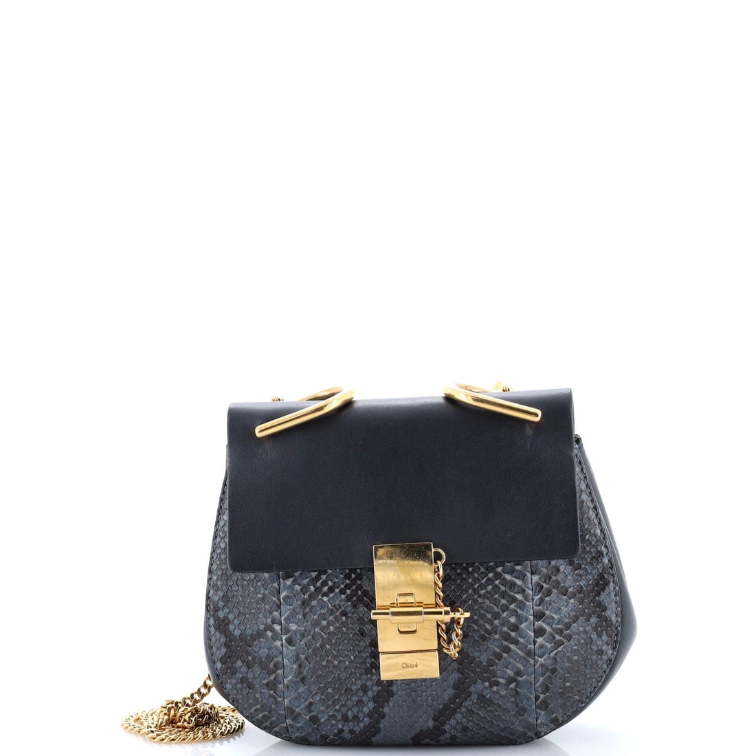 Chloe Drew Crossbody Bag Python And Leather Small: Brand: Chloe Exterior Material: Leather Python Exotic Style: Cross Body Bags Exterior Color: Blue Size: Small Measurements: Height 7.5", Width 7.5", Depth 3", Strap Drop 20.5" Model: Drew Crossbody Ba