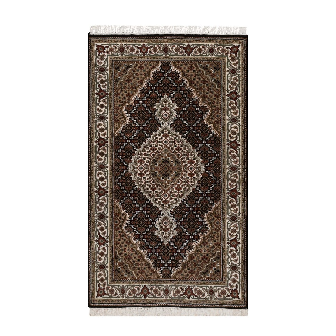 3'2"X5'4" Black Hand Knotted Rug Tebraz Mahi Medallion Design Pure Wool 175: Style: Tebraz Type: Indoor Material: Wool Color: Black Item Length: 64 Item Width: 38 Rug Type: Hand Knotted Pile: Wool Shape: Rectangular Field Color: Black Size: 3"2" x 5"4" / 97 CM X 163 CM Age: 20