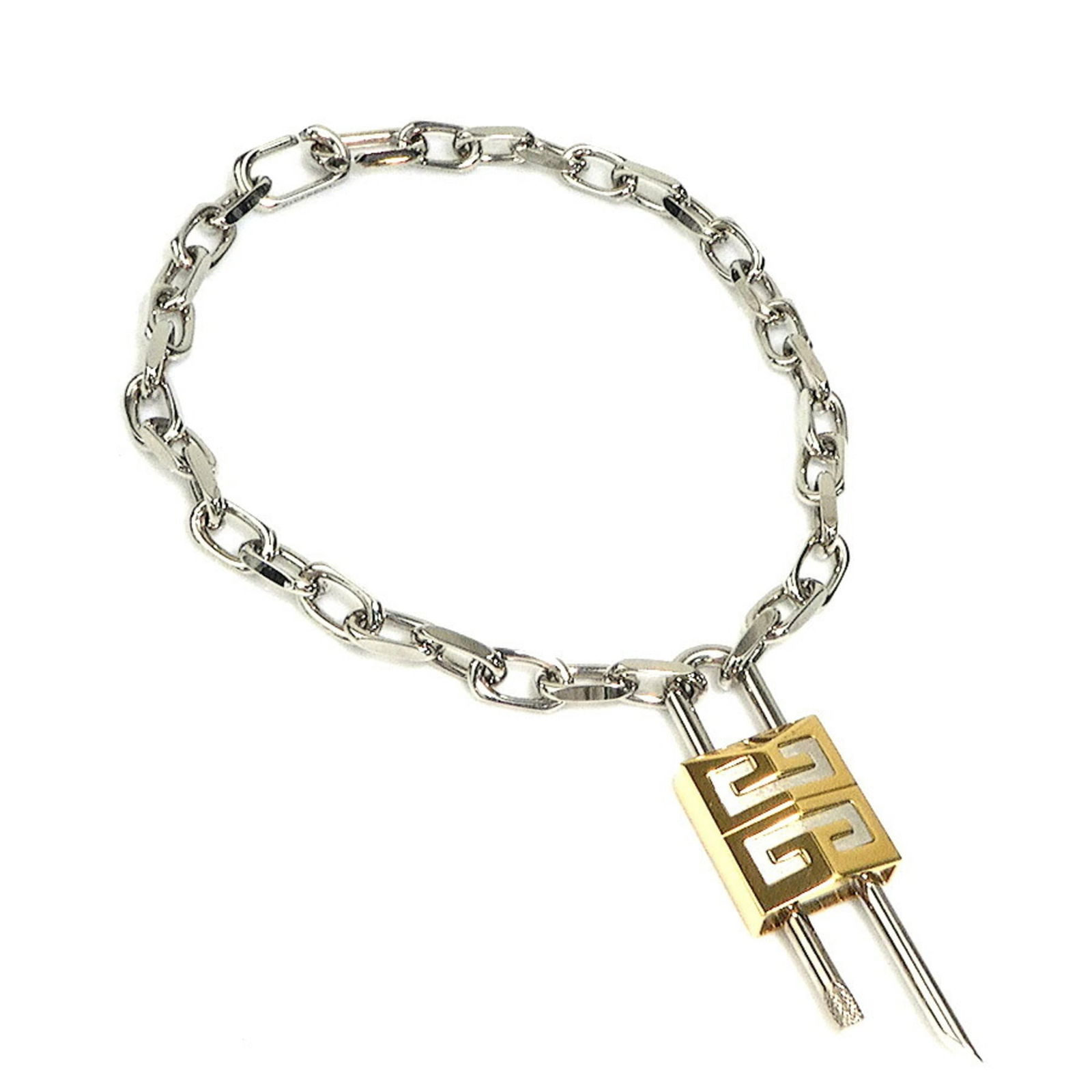 Givenchy Padlock Chain Necklace In Silver: Brand: Givenchy Necklace Type: Necklace Gender: Men Material: Metal Color: Gold, Silver Neck Circumference: 48.5 cm / 19.09'' Pendant Size: 97mm x 30mm / 3.81'' x 1.18'' Condition: Used (good), Traces
