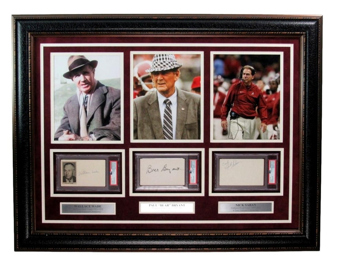 Alabama Football Coaches Signed Cards W/8X10 Photo Collage Framed Psa/Dna 199496: Autograph Authentication: Professional Sports Authenticator (PSA) Original/Reprint: Original Product: Index Cards Team: Alabama Crimson Tide League: NCAA Signed: YES Product Disclaimer: Not affiliated
