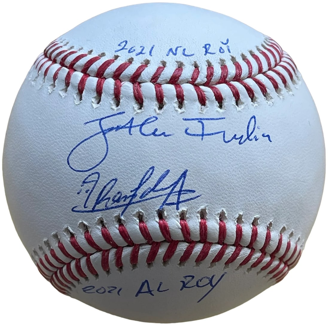 Randy Arozarena Jonathan India Dual Signed Autographed Official Baseball (Becket: Brand: Beckett Randy Arozarena Jonathan India Dual Signed Autographed Official Baseball Signed in blue pen on a Official Robert Manfred Baseball with inscriptions "AL & NL Roy 21" Product Disclaimer: