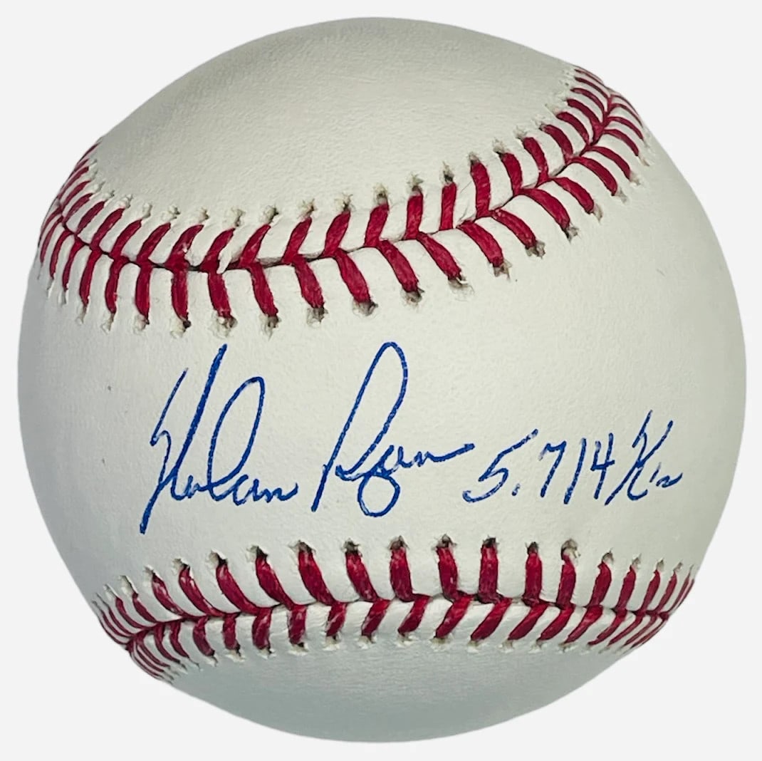Nolan Ryan "5,714 K'S" Autographed Baseball (Aiv): Brand: AIV Nolan Ryan "5,714 K's" Autographed Baseball Inscribed with "5,714 K's" inscription Signed across the sweet spot of an official Major League Robert Manfred baseball Authenticity is provided