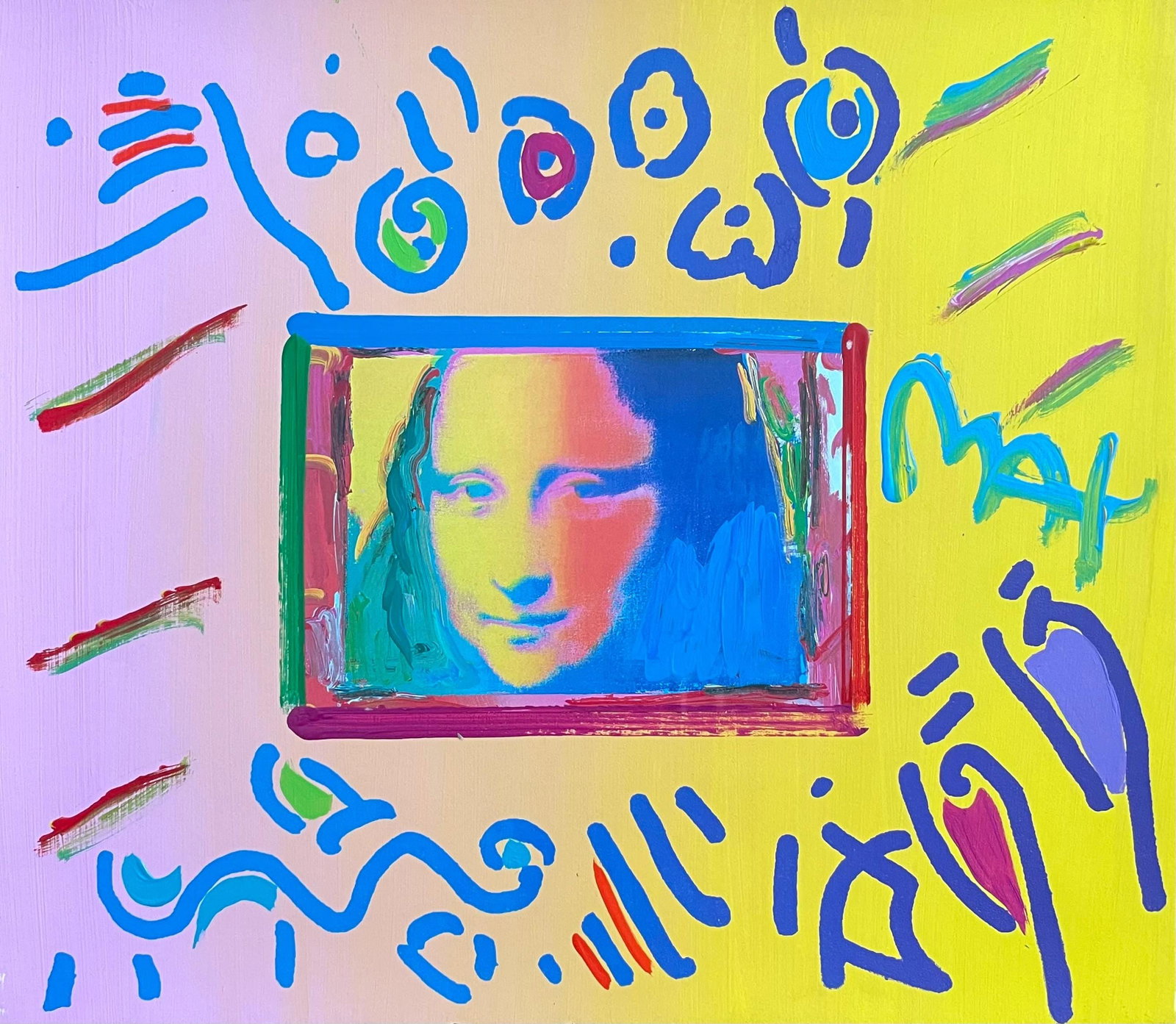 Peter Max, Mona Lisa, Hand Signed, Mixed Media Acrylic And Lithograph Painting: Acrylic and lithograph on vlin dArches paper. Paper size: 12 x 14 inches. Inscription: Hand signed, as issued. Condition: Excellent. Notes: Published, printed by Via Max, New York; painted by Peter Ma