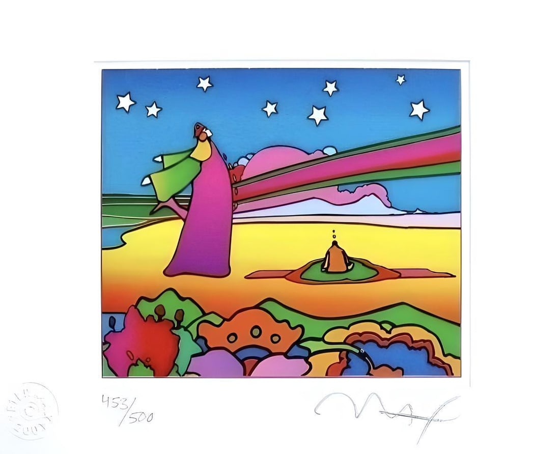 Peter Max, Two Cosmic Sages, Ver. I, Hand Signed, Official Lithograph: Lithograph in colors on Lustro Saxony paper. Paper size: 4.5 x 5.5 inches. Inscription: Hand signed by Peter Max and numbered, as issued. Condition: Excellent. Notes: Published and printed by Via Max,