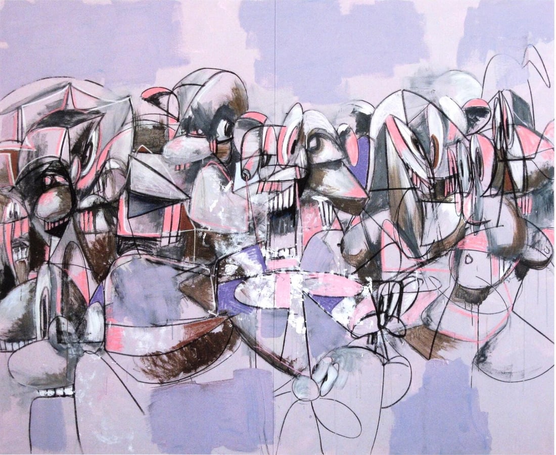 George Condo, Purple Compression, Drawing Paintings, Four Color Process Print: Four color process print on vlin paper. Paper size: 10.75 x 18.50 inches. Excellent condition, with centerfold, as issued. Inscription: Unsigned and unnumbered, as issued. Notes: From the folio, Georg