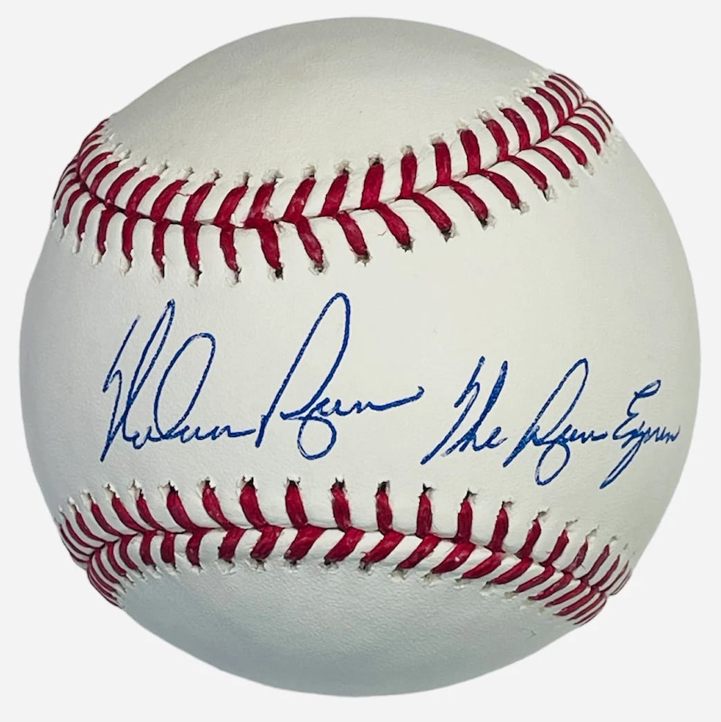 Nolan Ryan "The Ryan Express" Autographed Baseball (Aiv): Brand: AIV Nolan Ryan "The Ryan Express" Autographed Baseball Inscribed with "The Ryan Express" inscription Signed across the sweet spot of an official Major League Robert Manfred baseball Authenticit