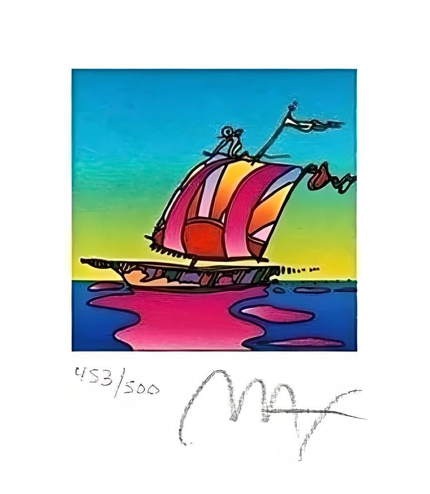 Peter Max, Cosmic Sailboat, Hand Signed, Official Lithograph: Lithograph in colors on Lustro Saxony paper. Paper size: 3.5 x 3 inches. Inscription: Hand signed by Peter Max and numbered, as issued. Condition: Excellent. Notes: Published and printed by Via Max, I