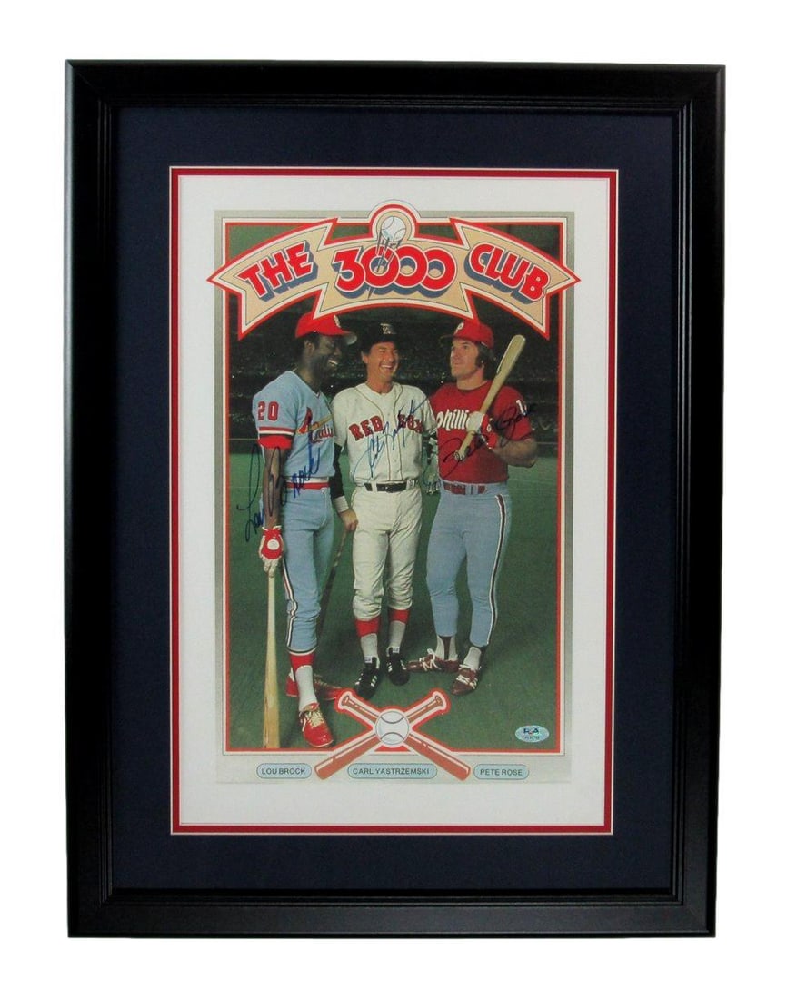 Brock/Carl Yastrzemski/Rose Multi-Signed 12X18 3000 Hit Club Poster Framed Psa (1 of 3)