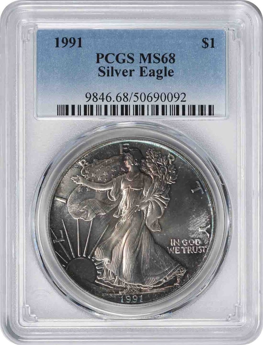 1991 $1 American Silver Eagle Ms68 Pcgs Toned Teal Periphery W/ Steel Grey (1 of 1)