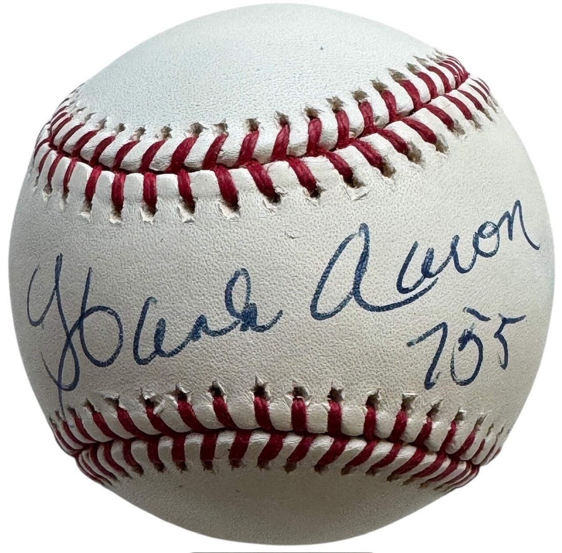 Hank Aaron 755 Autographed Official Major League Baseball (Jsa): Brand: James Spence Authentication (JSA) Hank Aaron Autographed Official Major League Baseball Signed in blue pen across the sweet spot on a Allan Selig baseball with inscription "755" Product Disclai