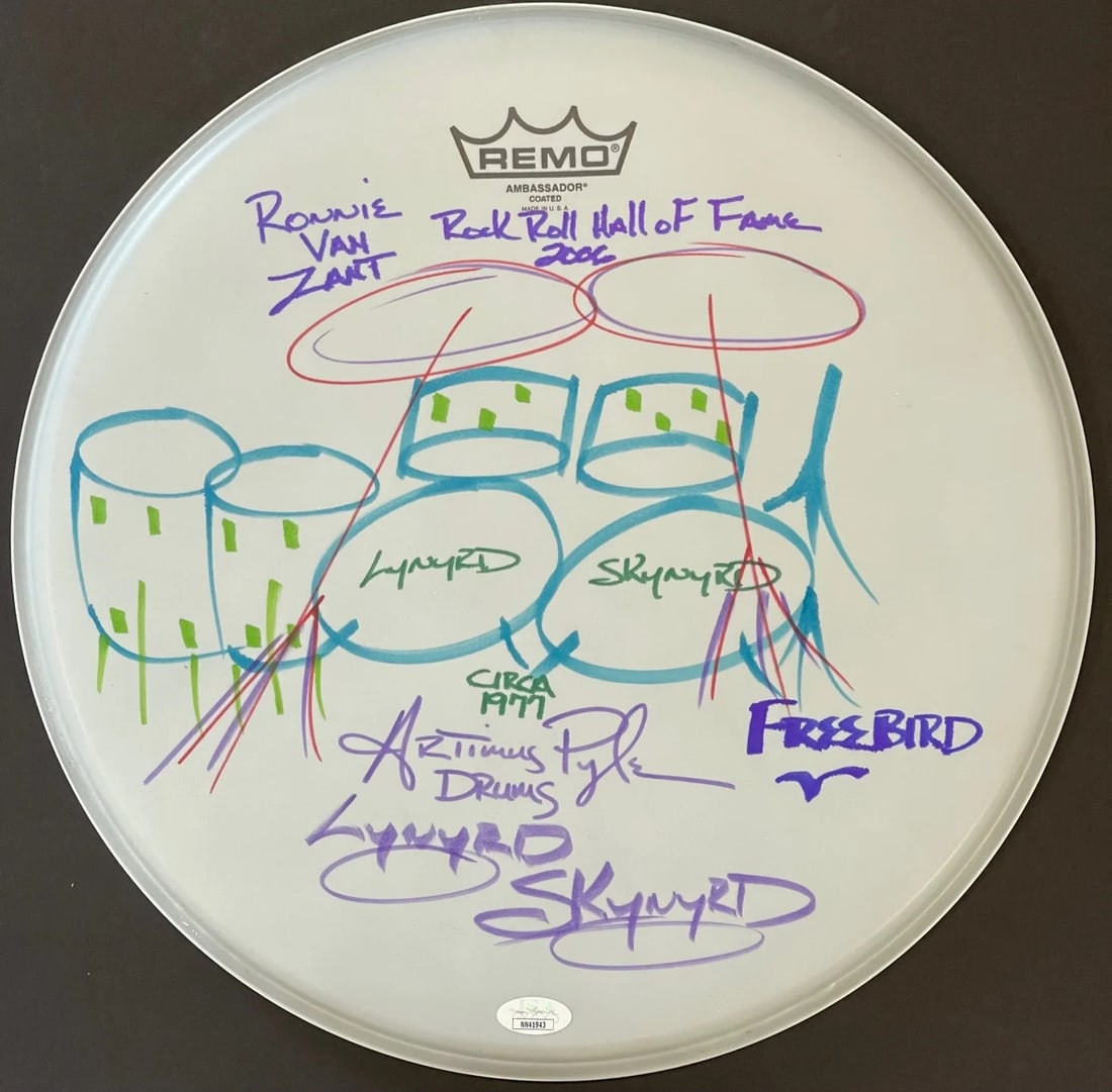 Artimus Pyle Autographed 14" Remo Drum Head (Jsa): Brand: James Spence Authentication (JSA) Artimus Pyle Autographed Remo 14" Drum Head (JSA) Inscribed with "Rock Roll Hall of Fame 2006,Lynyrd Skynyrd" inscriptions Signed in black & red sharpie across