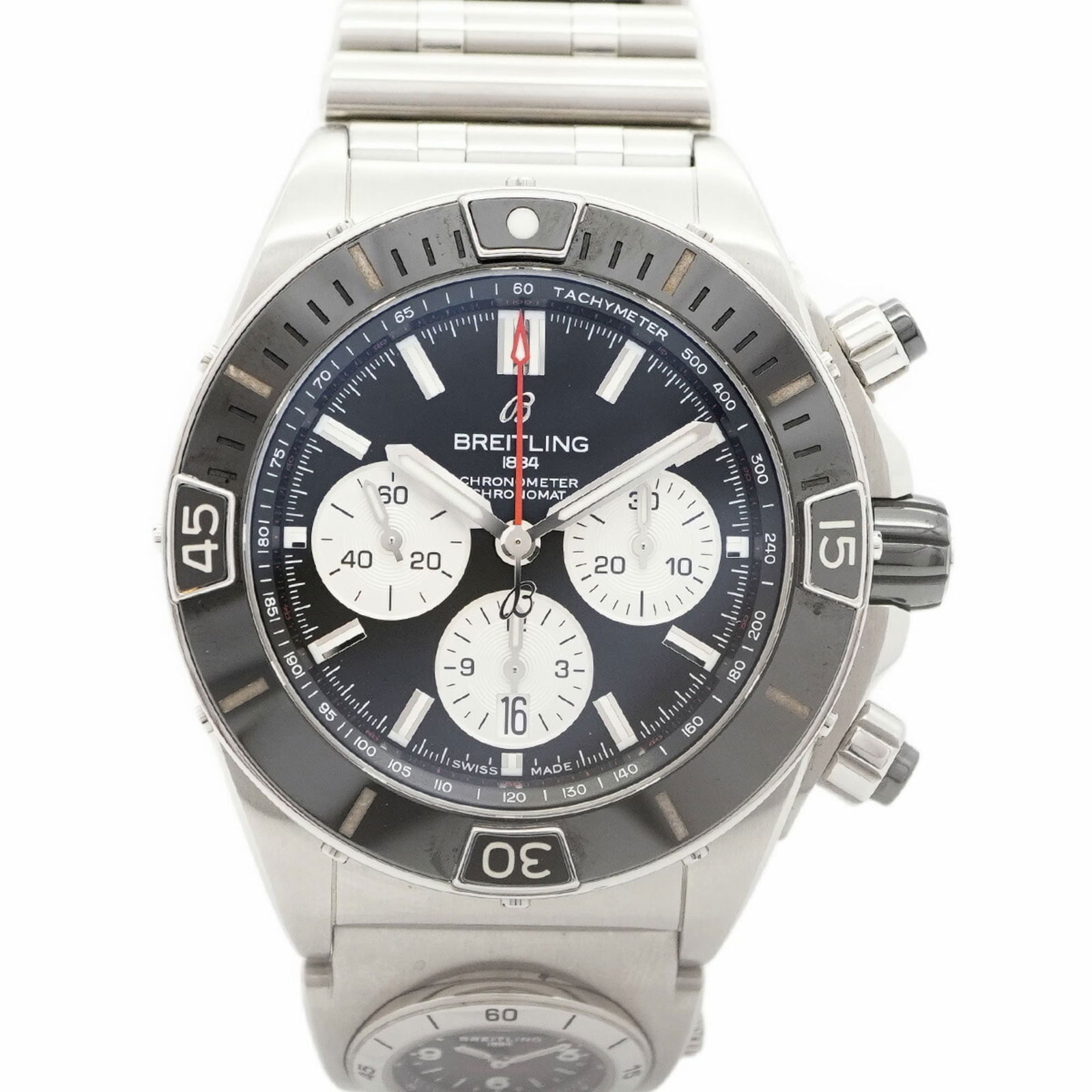 Breitling Super Chronomat Ab0136 Black Dial: Brand: Breitling Type: Wristwatch Gender: Men Material (Band): Stainless Steel Color (Dial): Black Case Diameter: 44mm / 1.73'' Wrist Size: 17.5cm / 6.88'' Condition: Used (very good), A few traces of