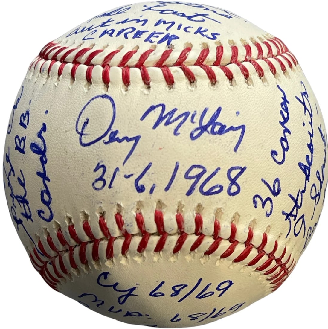 Denny Mclain Multi Inscribed Stat Signed Official Major League Baseball: Denny McLain Multi Inscribed Stat Signed Official Major League Baseball Signed in blue pen across all panels of this Robert Manfred Official Baseball Note: Panels may vary Product Disclaimer: Not affi