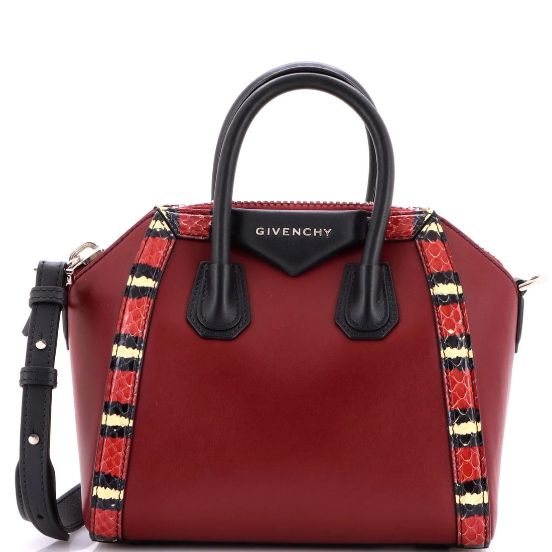 Givenchy Antigona Bag Leather With Snakeskin Mini: Brand: Givenchy Exterior Material: Exotic Leather Style: Satchels Exterior Color: Red Size: Mini Measurements: Handle Drop 3", Height 8", Width 8.5", Depth 5", Strap Drop 19-22" Model: Antigona Bag Le