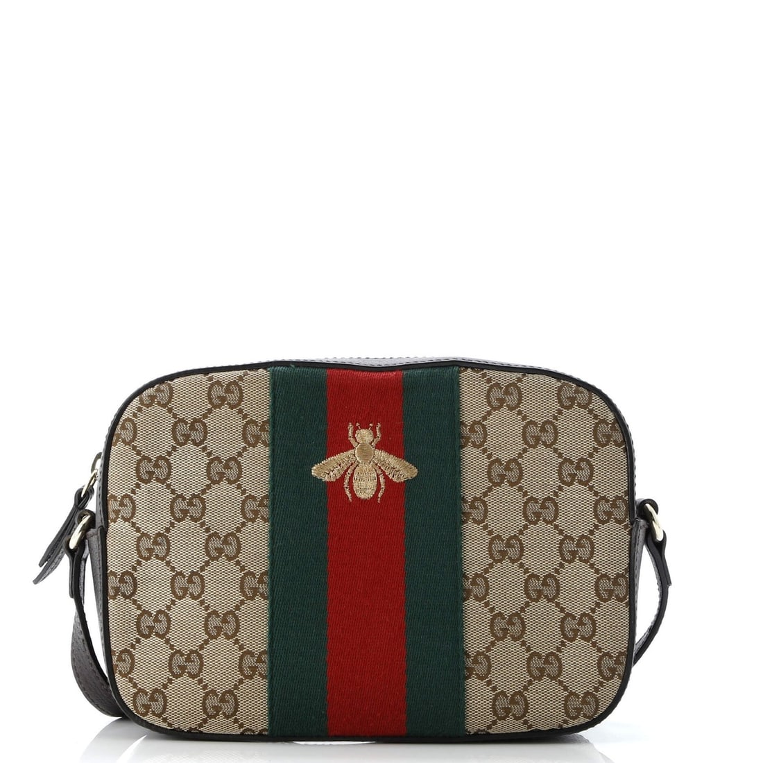Gucci Bee Web Camera Bag Gg Canvas: Brand: Gucci Exterior Material: Canvas Plain Style: Cross Body Bags Exterior Color: Brown Size: Unknown Measurements: Handle Drop None", Height 6", Width 8.5", Depth 2", Strap Drop 19-21" Model: Bee W