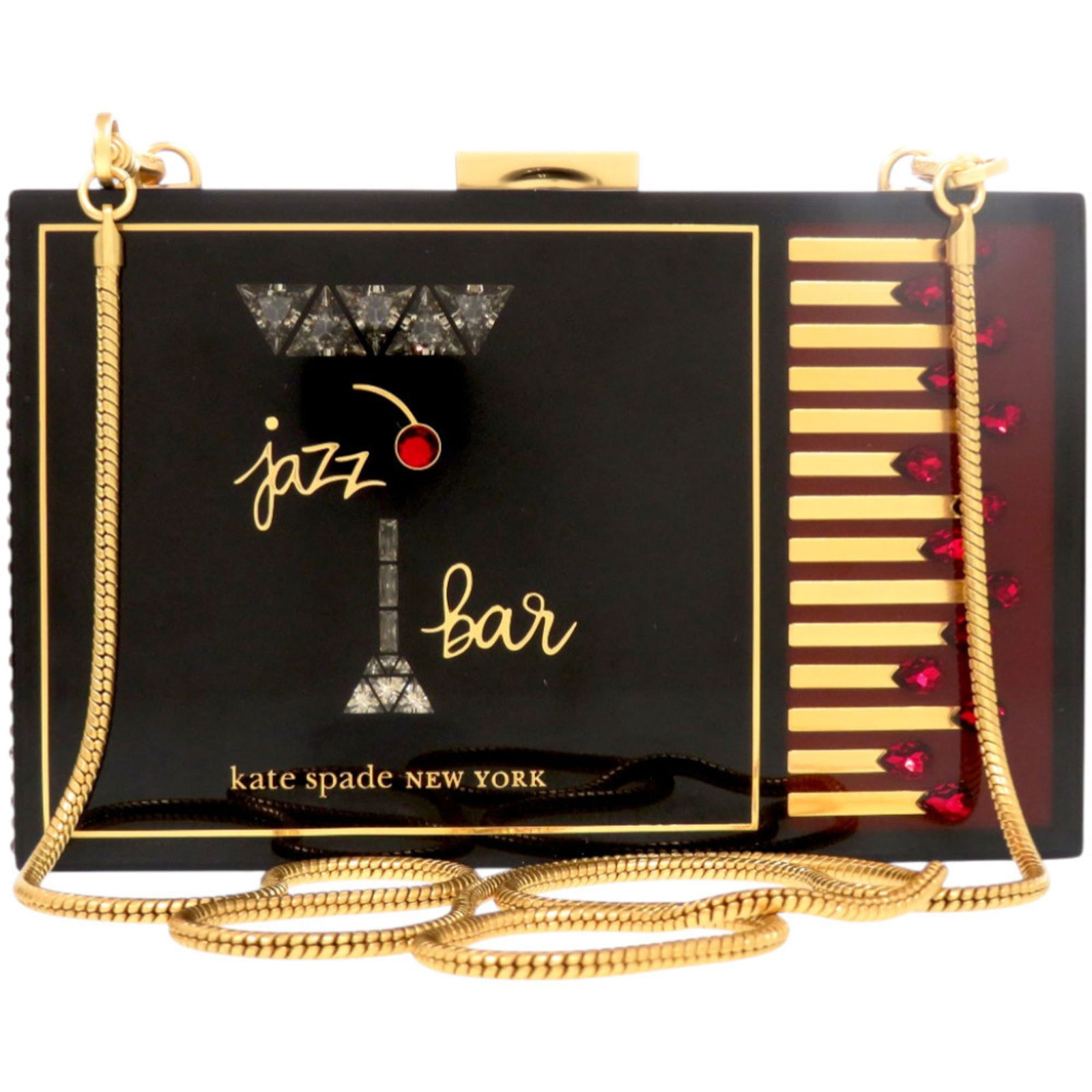 Like New Kate Spade Perfect Matchbox Small Frame Kc996 Blc Polyurethane Resin Black Clutch Bag 0966: Brand: Kate Spade Type: Clutch Bag Material: Elastane Color: Black, Red Color Hardware Color: Gold Gender: Women Size (Hxwxd): 11.6cm x 18.5cm x 5.7cm / 4.56'' x 7.28'' x 2.24'' Condition: Used (like