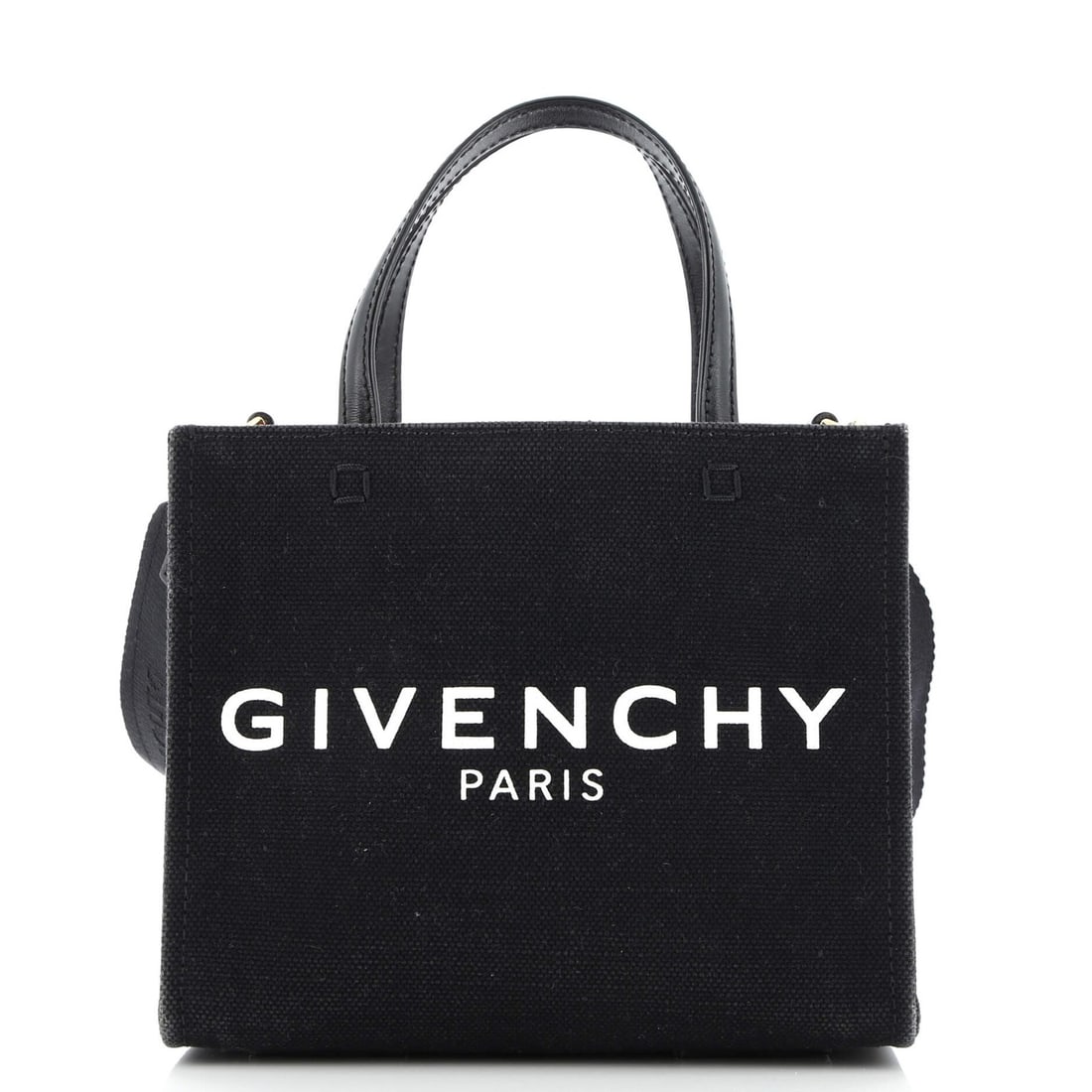 Givenchy G-Tote Canvas Mini: Brand: Givenchy Exterior Material: Canvas Plain Style: Totes Exterior Color: Black Size: Mini Accessories: With Strap Measurements: Height 6.5", Width 7.5", Depth 3.5", Strap Drop 3" Model: G-Tote Can