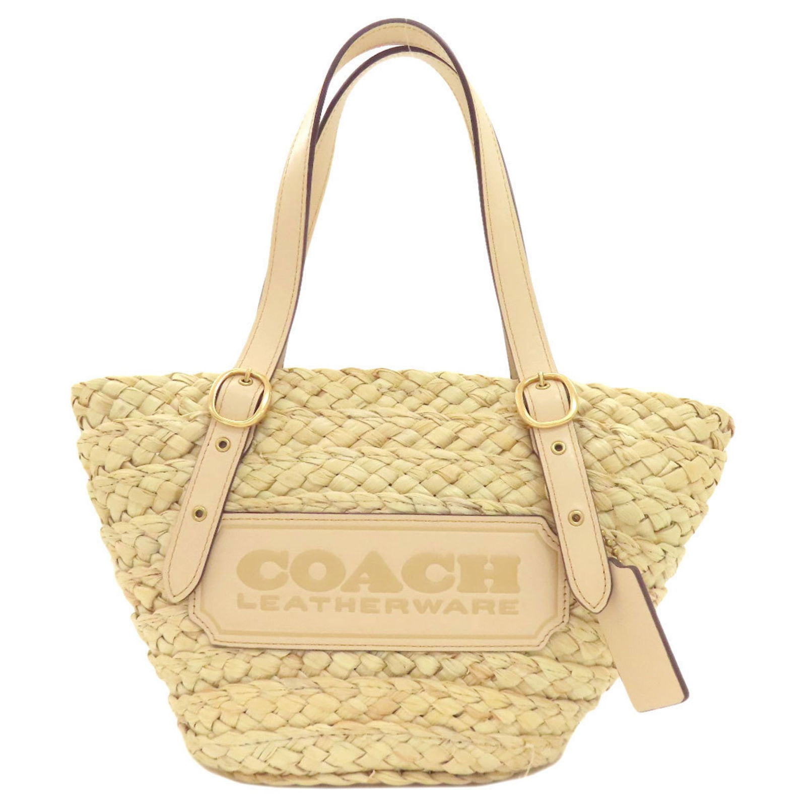 Coach Cj633 Logo Handbag Raffia/Leather: Brand: Coach Type: Handbag Material: Raffia , Leather Color: Beige Gender: Women Size (Hxwxd): 17.5cm x 31cm x 11.5cm / 6.88'' x 12.2'' x 4.52'' Condition: Used (good), Traces of usage, scratches / di