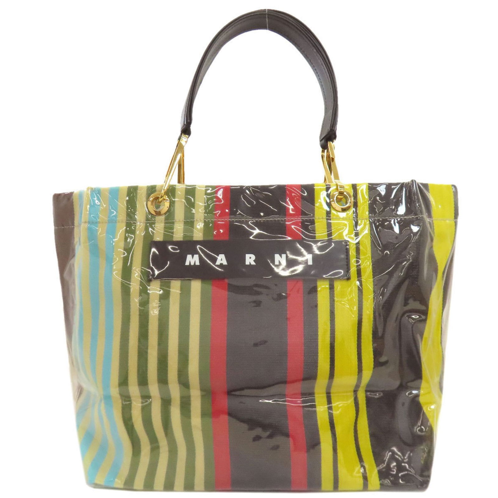 Marni Vinyl Stripe Tote Bag In Vinyl/Nylon: Brand: Marni Type: Tote Bag Material: Vinyl , Nylon Color: Black, Red Color, Yellow Gender: Women Size (Hxwxd): 31cm x 47cm x 19cm / 12.2'' x 18.5'' x 7.48'' Condition: Used (good), Traces of usage, s