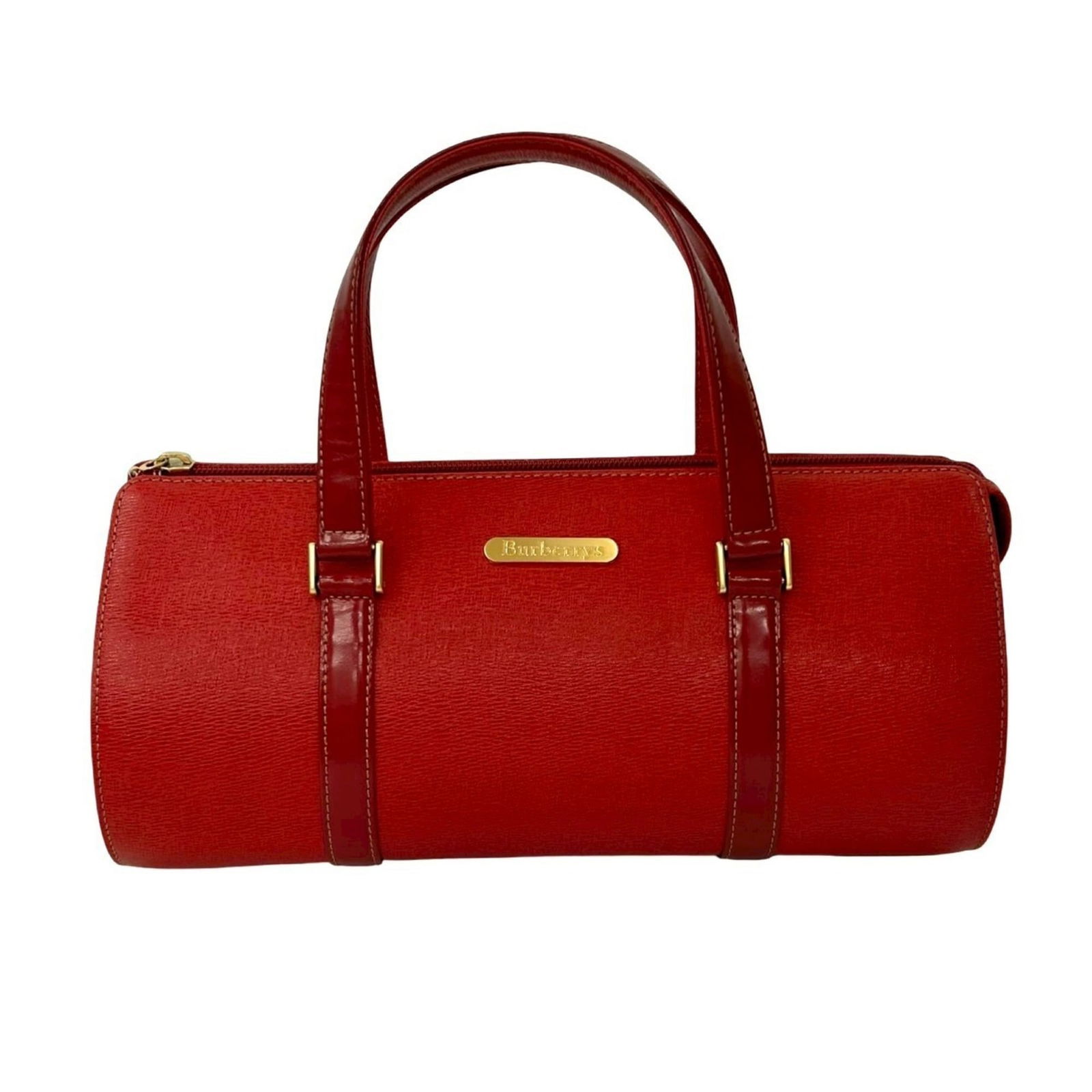 Burberry'S Nova Check Pattern Logo Plate Leather Handbag/Mini Boston Bag In Red (1 of 10)