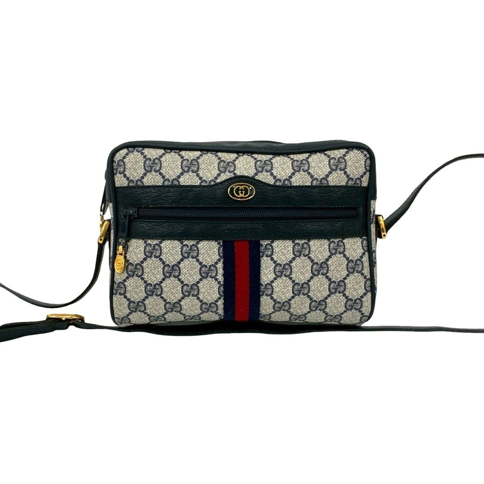 Gucci Old Gucci Sherry Line Gg Logo Hardware Leather Shoulder Bag Navy 32021 (1 of 10)