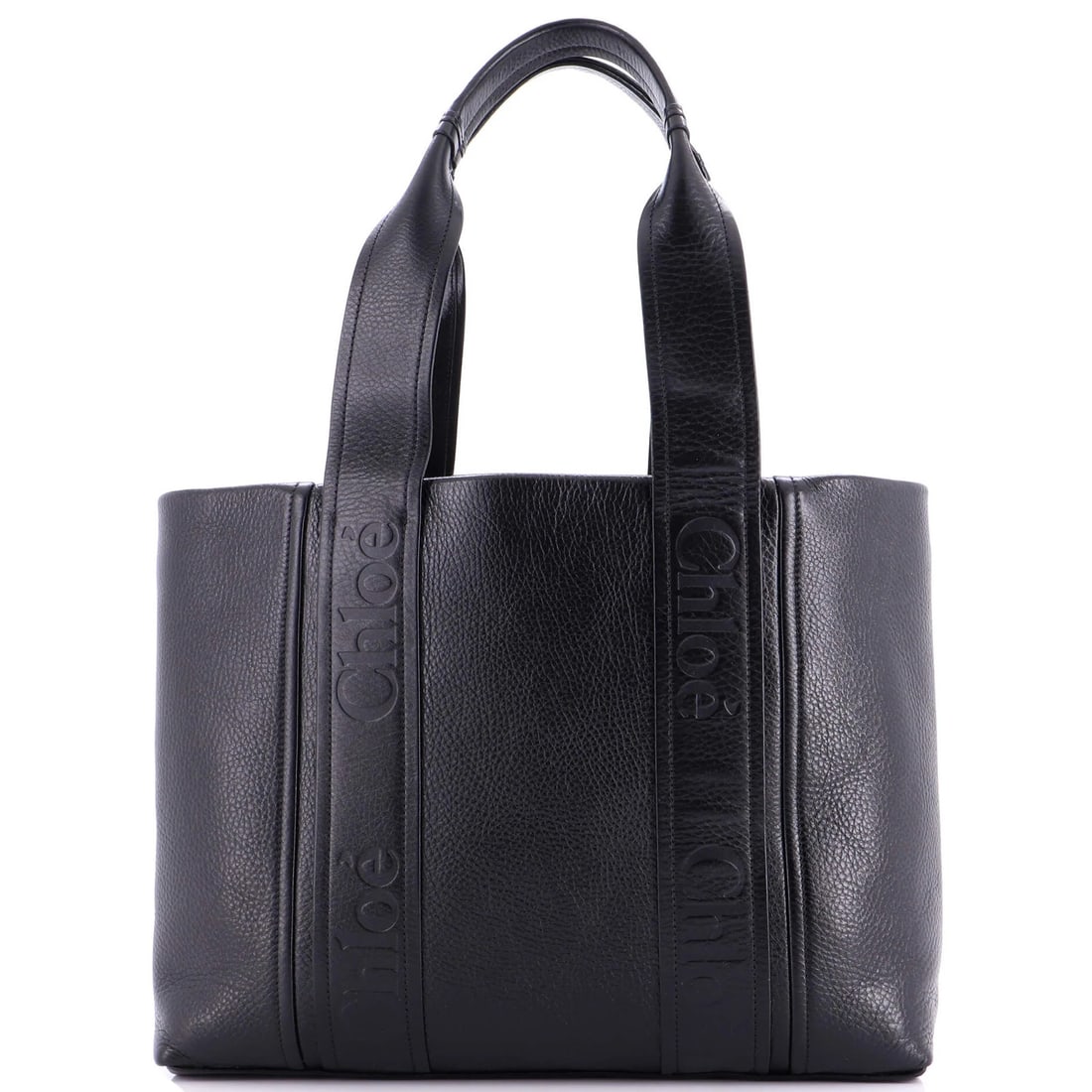 Chloe Woody Tote Leather Medium: Brand: Chloe Exterior Material: Leather Style: Totes Exterior Color: Black Size: Medium Measurements: Height 11", Width 14", Depth 5" Model: Woody Tote Leather Medium Exterior Material: Leather Exteri