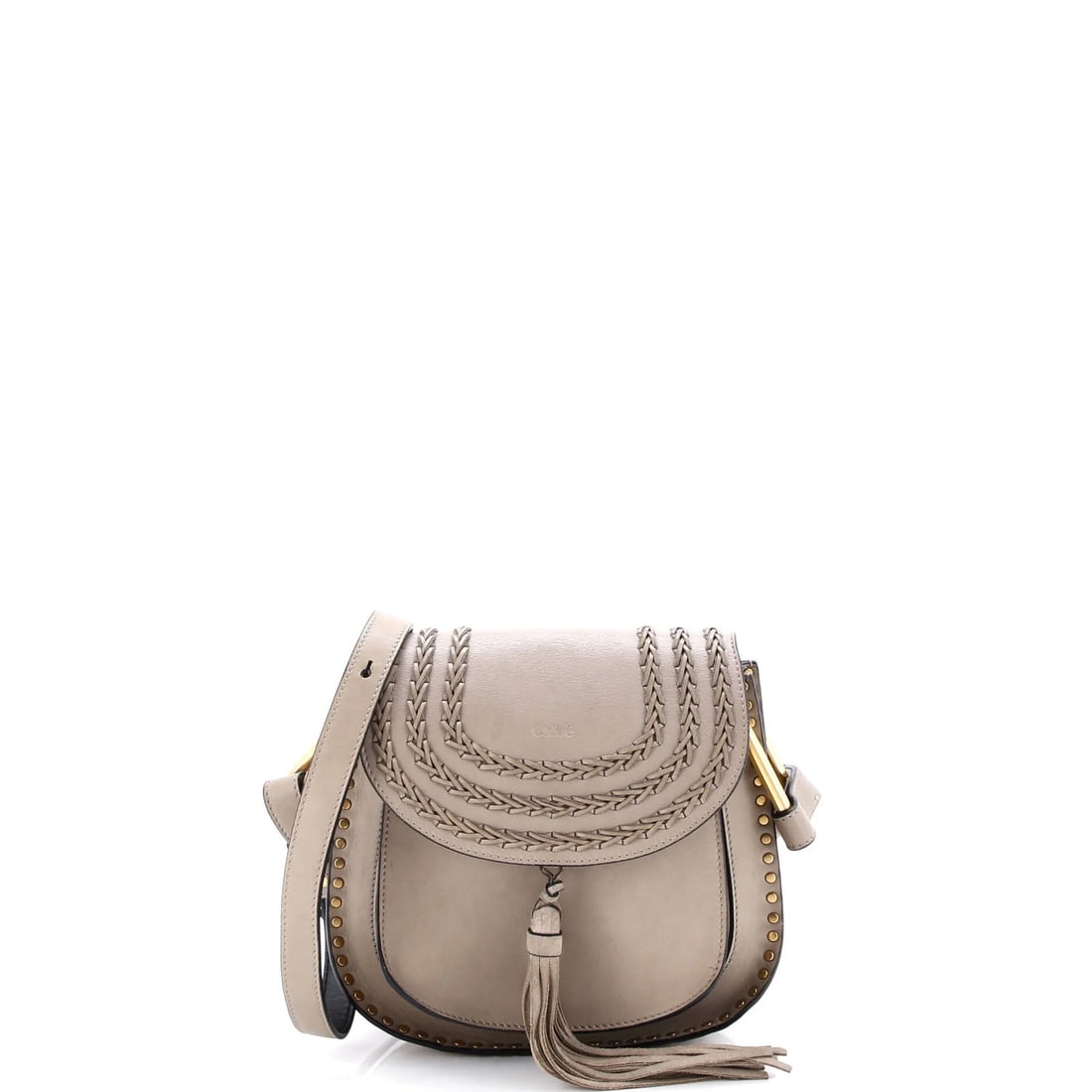 Chloe Hudson Handbag Whipstitch Leather Small: Brand: Chloe Exterior Material: Leather Style: Cross Body Bags Exterior Color: Gray Size: Small Measurements: Handle Drop None", Height 8", Width 9", Depth 3", Strap Drop 14.5-22" Model: Hudson Handba