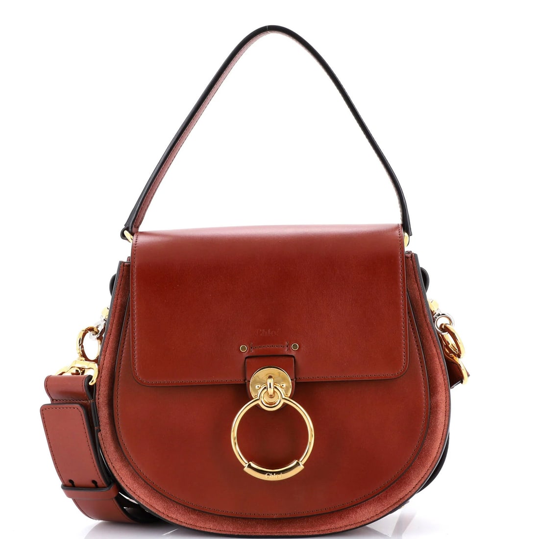 Chloe Tess Bag Leather Large: Brand: Chloe Exterior Material: Leather Style: Cross Body Bags Exterior Color: Brown Size: Large Accessories: Extra Strap With Strap Measurements: Handle Drop 8", Height 8.5", Width 9.5", Depth 3", St