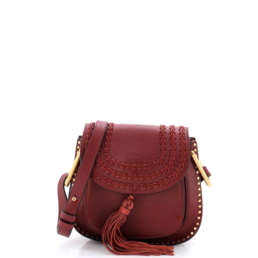 Chloe Hudson Handbag Whipstitch Leather Small: Brand: Chloe Exterior Material: Leather Style: Cross Body Bags Exterior Color: Red Size: Small Measurements: Handle Drop None", Height 8", Width 9", Depth 3", Strap Drop 14.5-22" Model: Hudson Handbag