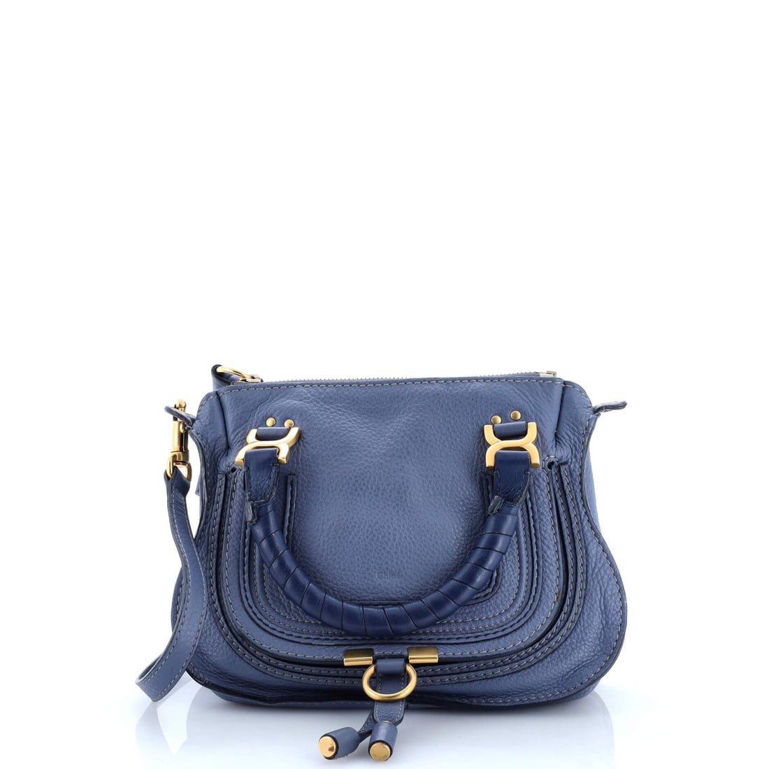 Chloe Marcie Satchel Leather Baby: Brand: Chloe Exterior Material: Leather Style: Cross Body Bags Exterior Color: Blue Size: Baby Accessories: With Strap Measurements: Handle Drop 2", Height 6.5", Width 10", Depth 3", Strap Drop 21.5"