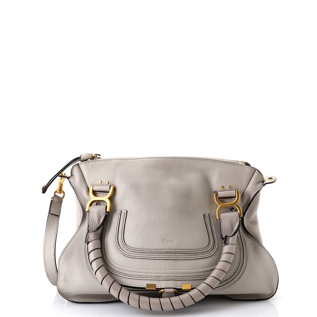 Chloe Marcie Satchel Leather Medium: Brand: Chloe Exterior Material: Leather Style: Satchels Exterior Color: Gray Size: Medium Accessories: With Strap Measurements: Handle Drop 6", Height 11", Width 14", Depth 5", Strap Drop 18.5" Model:
