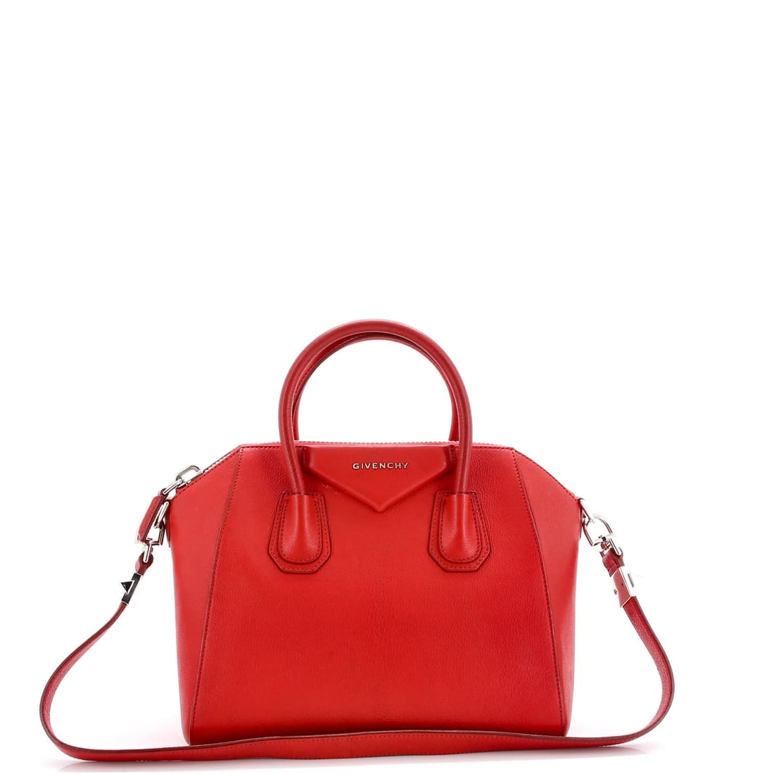 Givenchy Antigona Bag Leather Small: Brand: Givenchy Exterior Material: Leather Style: Satchels Exterior Color: Red Size: Small Measurements: Handle Drop 4", Height 9", Width 11", Depth 6.5", Strap Drop 9" Model: Antigona Bag Leather Sma