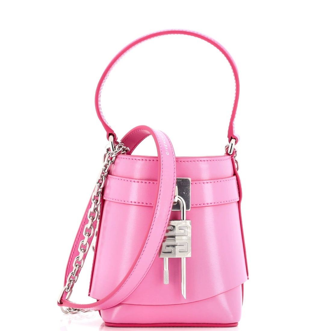 Givenchy Gv Shark Lock Bucket Bag Leather Micro: Brand: Givenchy Exterior Material: Leather Style: Bucket Exterior Color: Pink Size: Micro Measurements: Height 5.5", Width 4", Depth 2.5" Model: GV Shark Lock Bucket Bag Leather Micro Exterior Materia
